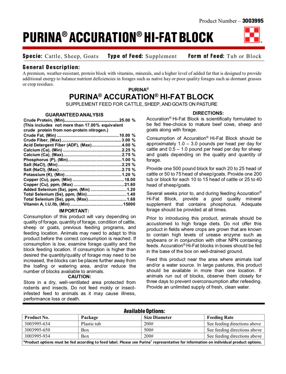 Purina Accuration HiFat Tub 200lb C&C Feed Store